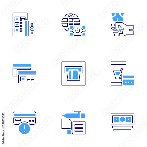 Payment icon set. Bold line style. Duotone colors. Editable stroke. cash counter, credit card, payment method, parking card, check, income, online shopping, salary
