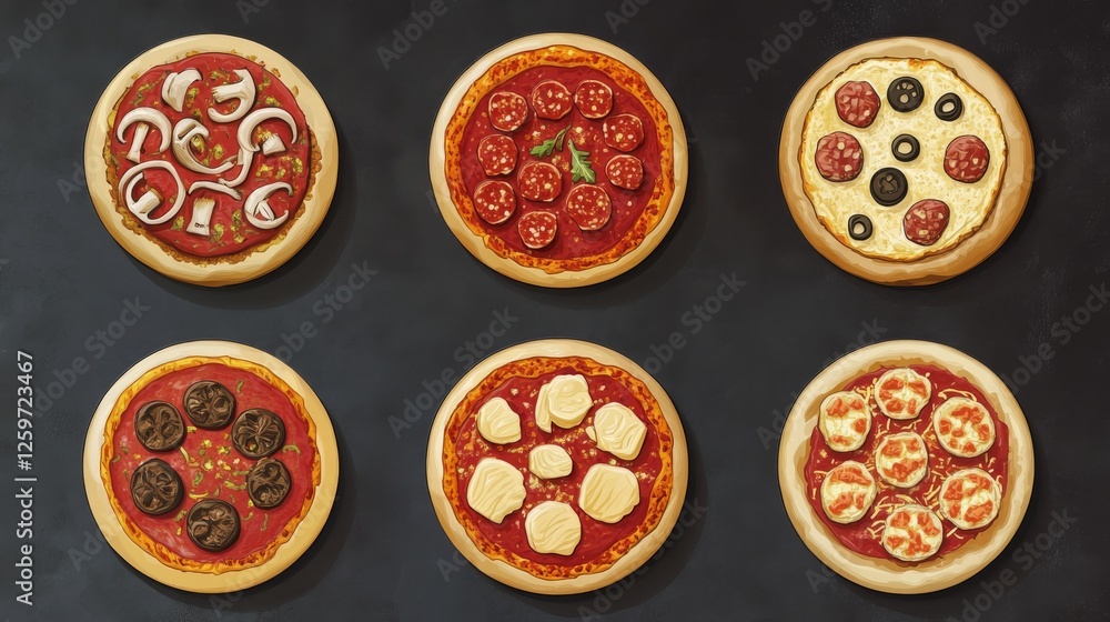 Culinary instruction graphic, six circular frames, tan pizza base, crimson sauce coating, pale cheese portions, brown meat circles, scattered toppings, modern vector design, charcoal background Culinary instruction graphic, six circular frames, tan pizza base, crimson sauce coating, pale cheese portions, brown meat circles, scattered toppings, modern vector design, charcoal background