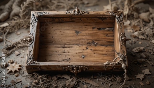 Ornate Wooden Box on Dusty Surface