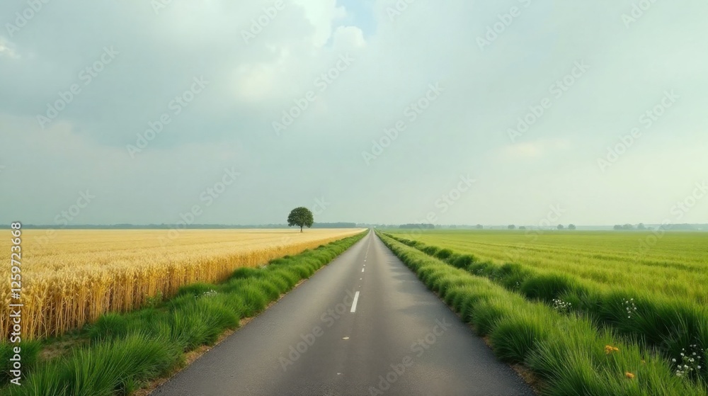 Serene Country Road Dividing Golden and Verdant Fields Under a Cloudy Sky Serene Country Road Dividing Golden and Verdant Fields Under a Cloudy Sky