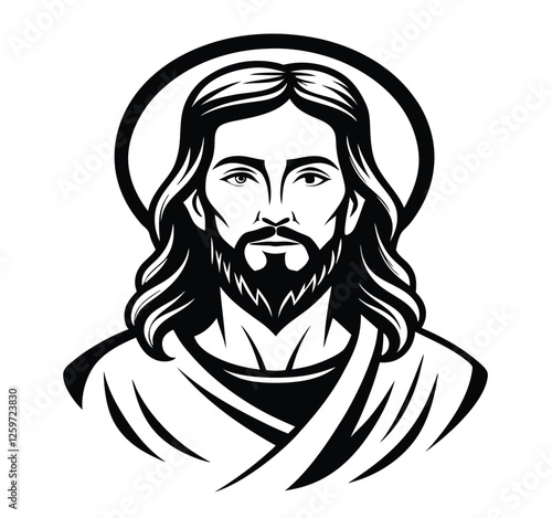 Iconic vector illustration of Jesus Christ featuring a serene expression and radiant halo.