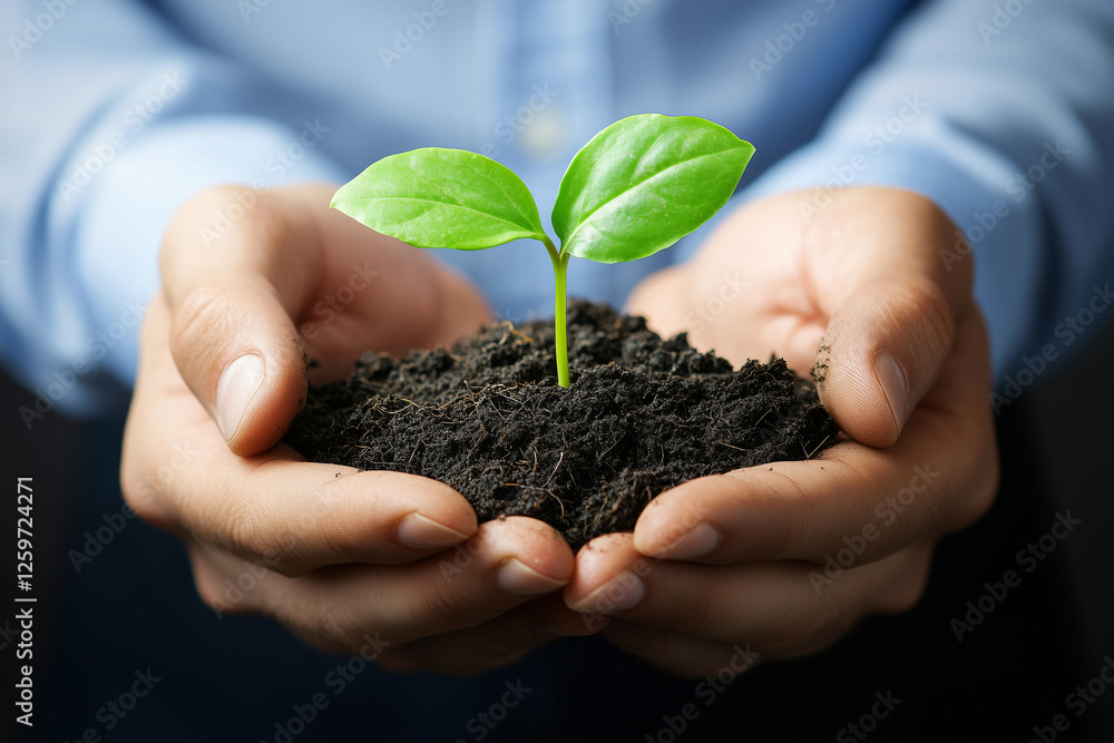 A close-up of hands holding soil with a young plant, symbolizing growth and sustainability in business practices. A businessman showing a plant in his hands. A close-up of hands holding soil with a young plant, symbolizing growth and sustainability in business practices. A businessman showing a plant in his hands.