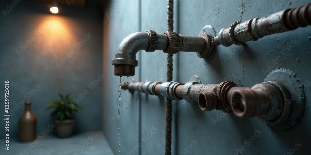 Rustic Industrial Faucet with Dripping Water Against a Weathered Wall