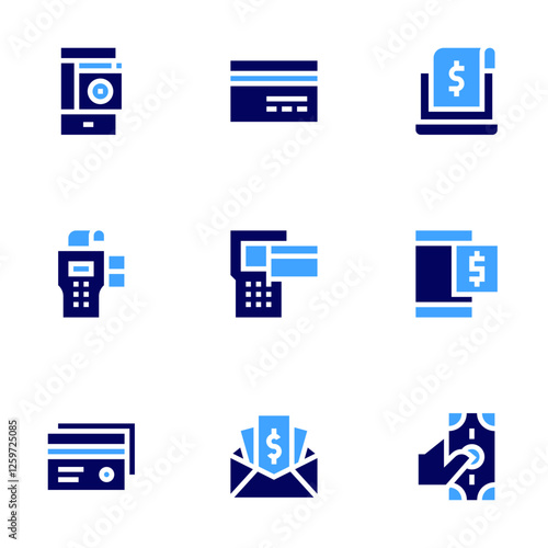 Payment icon set. Bold style. Duotone colors. smartphone, credit card, pos, pos terminal, receipt, pay, payroll, pay day