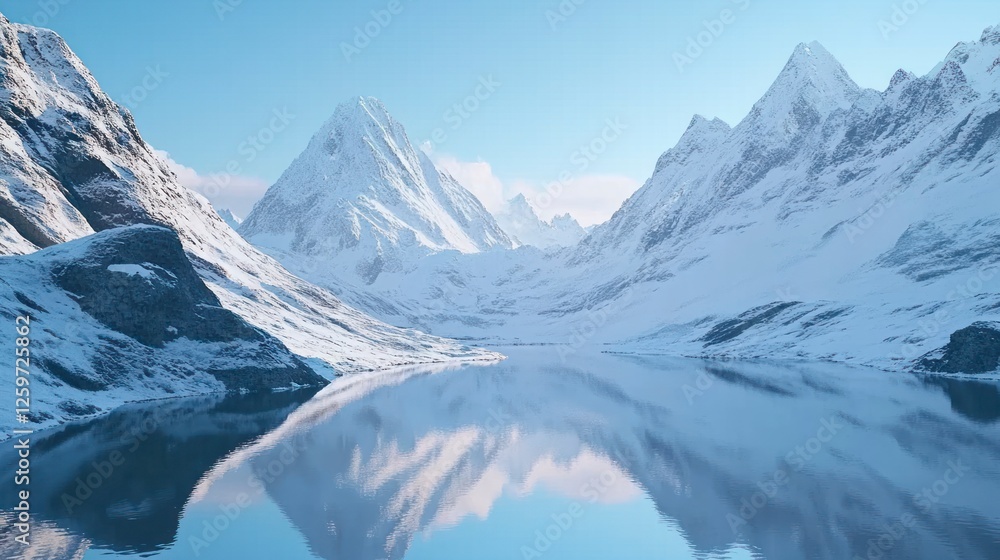 Fototapeta premium A majestic mountain range with snow-covered peaks, reflecting in the calm waters of an alpine lake at dawn.