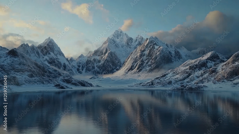 A majestic mountain range with snow-covered peaks, reflecting in the calm waters of an alpine lake at dawn. A majestic mountain range with snow-covered peaks, reflecting in the calm waters of an alpine lake at dawn.