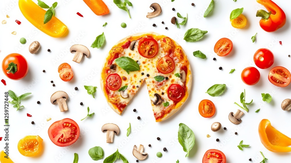 flat lay pizza ingredients illustration, vibrant food elements pattern, whole and sliced cheese pizza, colorful bell peppers rings, fresh tomato slices, mushrooms, floating toppings design, clean flat lay pizza ingredients illustration, vibrant food elements pattern, whole and sliced cheese pizza, colorful bell peppers rings, fresh tomato slices, mushrooms, floating toppings design, clean