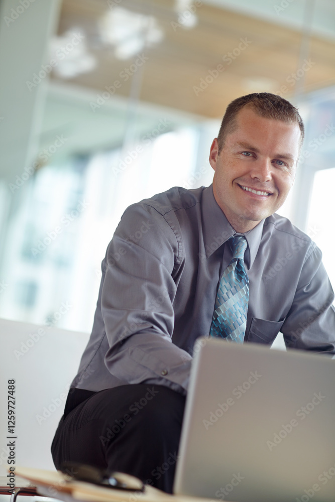 Laptop, portrait and web with business man in office for Saas account manager, engagement trends or cloud solutions. Subscription renewal, software platform and company integration with employee Laptop, portrait and web with business man in office for Saas account manager, engagement trends or cloud solutions. Subscription renewal, software platform and company integration with employee
