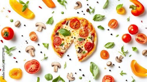 flat lay pizza ingredients illustration, vibrant food elements pattern, whole and sliced cheese pizza, colorful bell peppers rings, fresh tomato slices, mushrooms, floating toppings design, clean