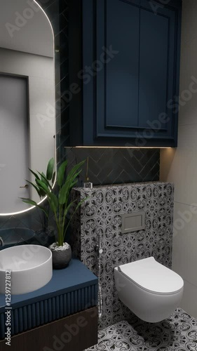 Modern luxury bathroom interior with dark blue herringbone tiles, floating toilet, built-in shelves with plants, and ambient lighting in a stylish 3D architectural animation.