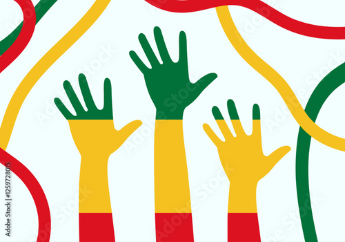 Silueta de manos y trazos de pincel de color verde, amarillo y rojo de áfrica