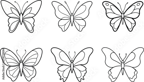 Six Simple Line Drawings of Colorful Butterflies