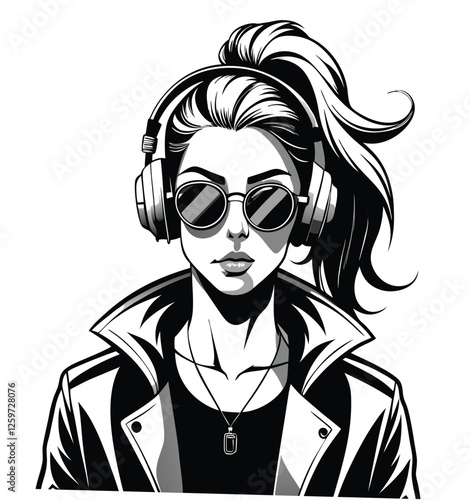 A cool woman wearing headphones and sunglasses is stylishly illustrated in black and white.