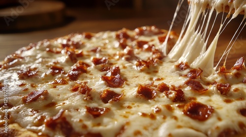 traditional pizza photography, stringy cheese texture detail, crusty golden brown edges, rich wood grain background, professional culinary presentation, moody restaurant lighting, top view capture