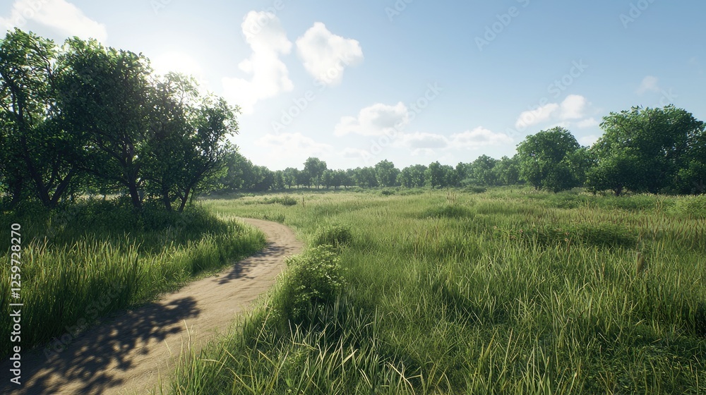 Serene landscape with a winding path through lush green grass and trees under a clear blue sky Serene landscape with a winding path through lush green grass and trees under a clear blue sky