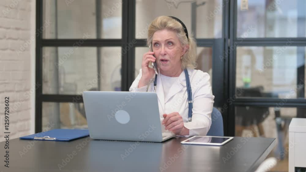 Senior Female Doctor Talking on Phone while Using Laptop in Hospital Senior Female Doctor Talking on Phone while Using Laptop in Hospital