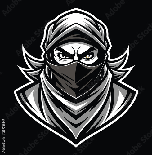 A mysterious ninja character with a hooded mask peers out with glowing eyes in a vector illustration.