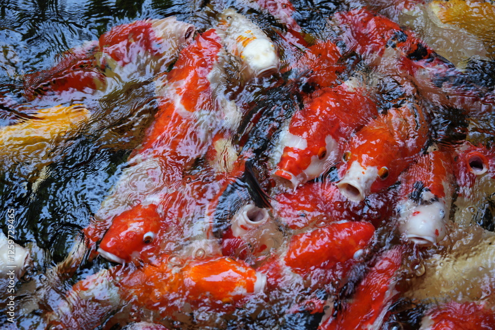 Many koi of different colors in the water are gathering to compete for food. Many koi of different colors in the water are gathering to compete for food.