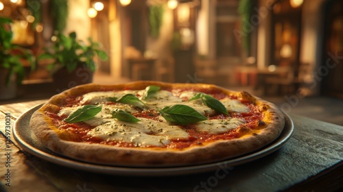 authentic neapolitan pizza on metal pan, rustic wooden table, cobblestone italian street background, fresh basil leaves, melted buffalo mozzarella, thin crispy crust, vibrant red tomato sauce, photo