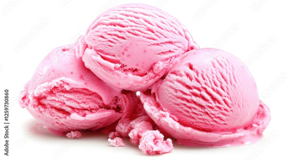 Three Scoops of Creamy Pink Ice Cream Piled Together on a White Background Three Scoops of Creamy Pink Ice Cream Piled Together on a White Background