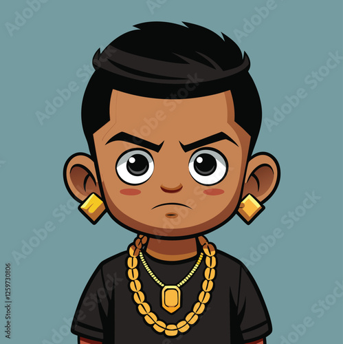 Stylized young man with a golden chain and earrings shows off a modern cartoon look in this portrait.