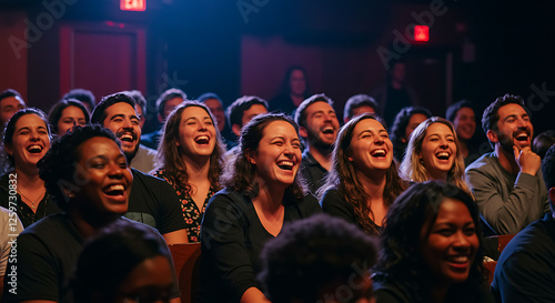 A heartwarming scene of people laughing together in a charming theater ambiance.  
