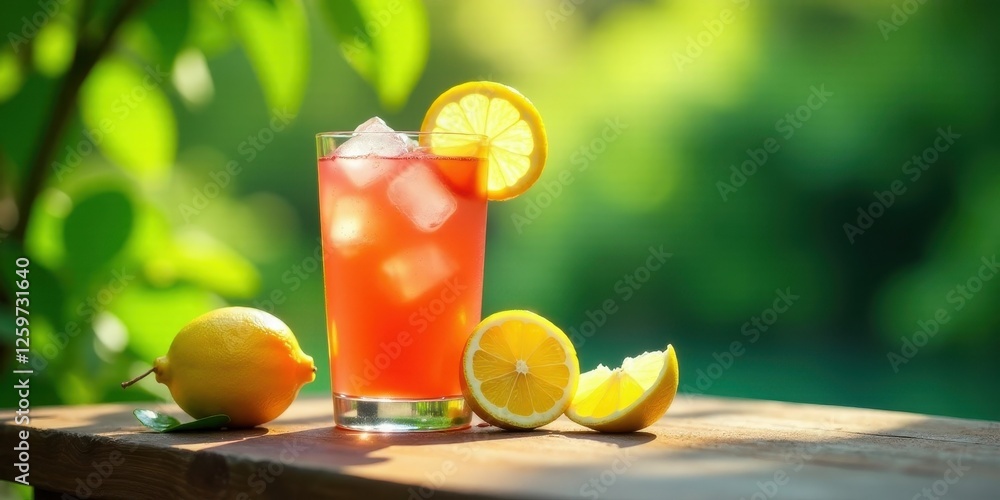 Fototapeta premium Refreshing Iced Citrus Beverage with Lemon Garnish on Wooden Table