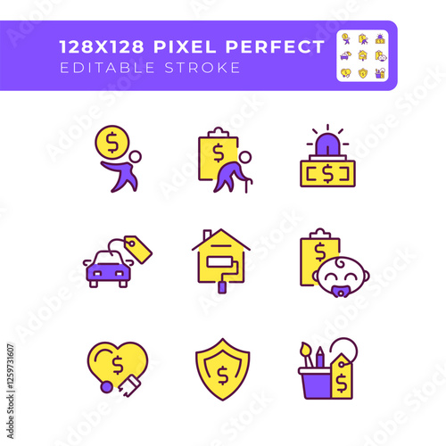 Financial expenses pixel perfect RGB color icons set. Budget management. Emergency fund organization. Isolated vector illustrations. Simple filled line drawings collection. Editable stroke