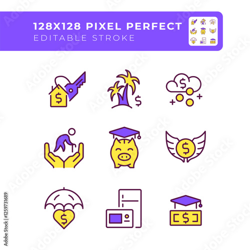 Passive income freedom pixel perfect RGB color icons set. College fund, student loan. Pension, savings. Isolated vector illustrations. Simple filled line drawings collection. Editable stroke