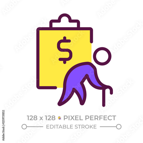 Retirement plan pixel perfect RGB color icon. Financial wellbeing, economics. Pension fund, budget. Senior, elder. Isolated vector illustration. Simple filled line drawing. Editable stroke