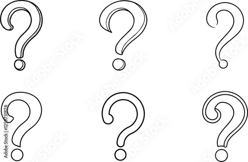 Handdrawn question marks, variations, design, illustration, set, symbols, queries, inquiry, doubt, g