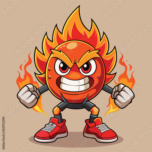 An irate cartoon character bursts with fiery energy, standing ready to fight with clenched fists and blazing wrath.