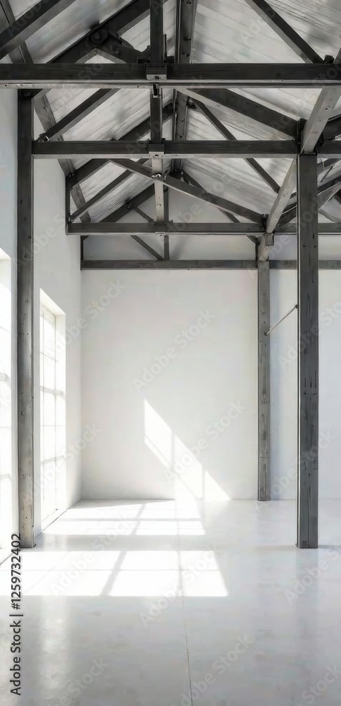 Obraz premium Sunlit Industrial Interior Space with Exposed Beams and Large Windows