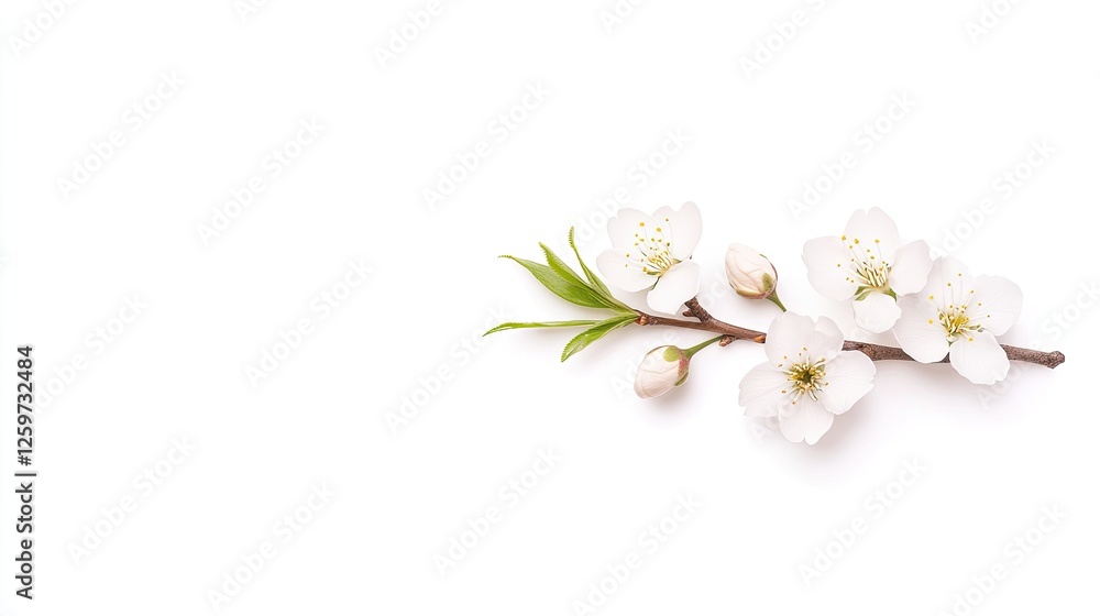 Fototapeta premium Delicate white cherry blossom branch with buds against a clean white background, symbolizing spring