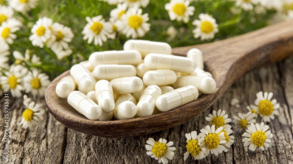 Natural White Pills on a Wooden Spoon Surrounded by Fresh Daisies and Green Herbs Natural White Pills on a Wooden Spoon Surrounded by Fresh Daisies and Green Herbs