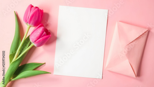 Paper sheet with envelope and tulips on pink background. Greeting or invitation card with empty place for text. Blank of gift certificate for mothers day. The International Womens day voucher mockup photo