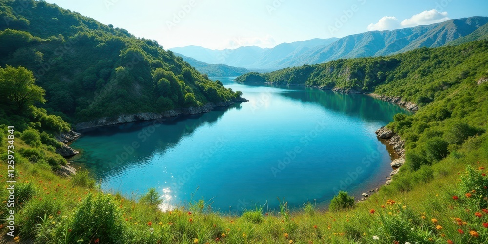 Serene Inlet, Verdant Hills, and Vibrant Wildflowers A Picturesque Landscape