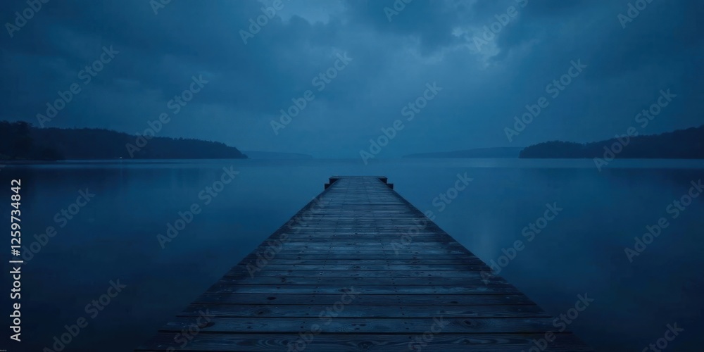 Fototapeta premium Serene Twilight A Wooden Dock Extends into a Calm, Dark Blue Lake, Surrounded by Silhouetted Trees under a Cloudy Sky