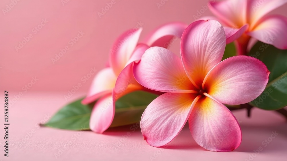 Delicate Pink Plumeria Blossoms on a Soft Pink Background, a Close-Up Image Showcasing the Intricate Details of the Petals and the Gentle Curves of the Flowers Delicate Pink Plumeria Blossoms on a Soft Pink Background, a Close-Up Image Showcasing the Intricate Details of the Petals and the Gentle Curves of the Flowers