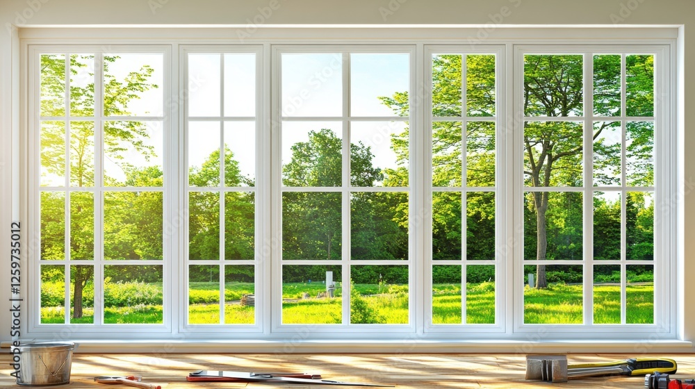 Bright Sunny Interior View Through Modern White Window Framing Lush Green Landscape Outside Bright Sunny Interior View Through Modern White Window Framing Lush Green Landscape Outside