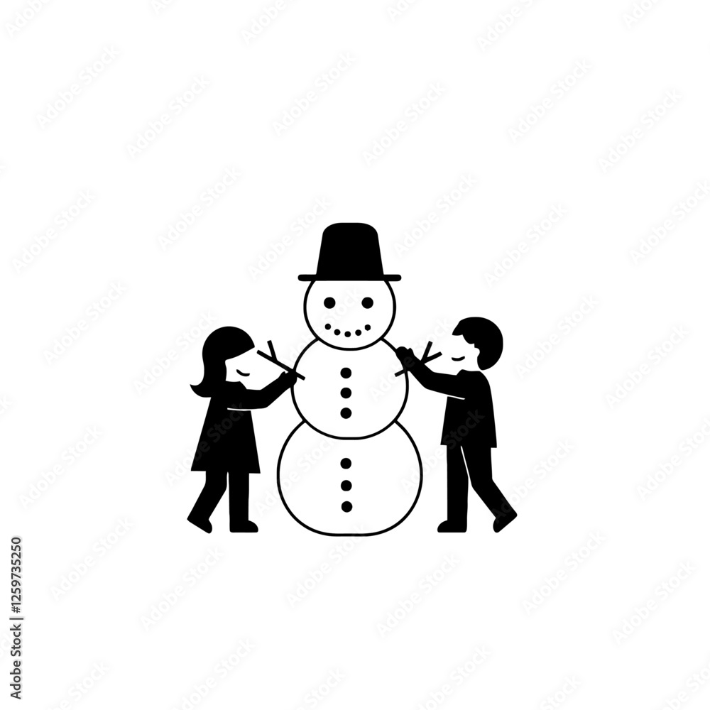 Children Building a Snowman in Minimalist Black and White Style Illustration Children Building a Snowman in Minimalist Black and White Style Illustration