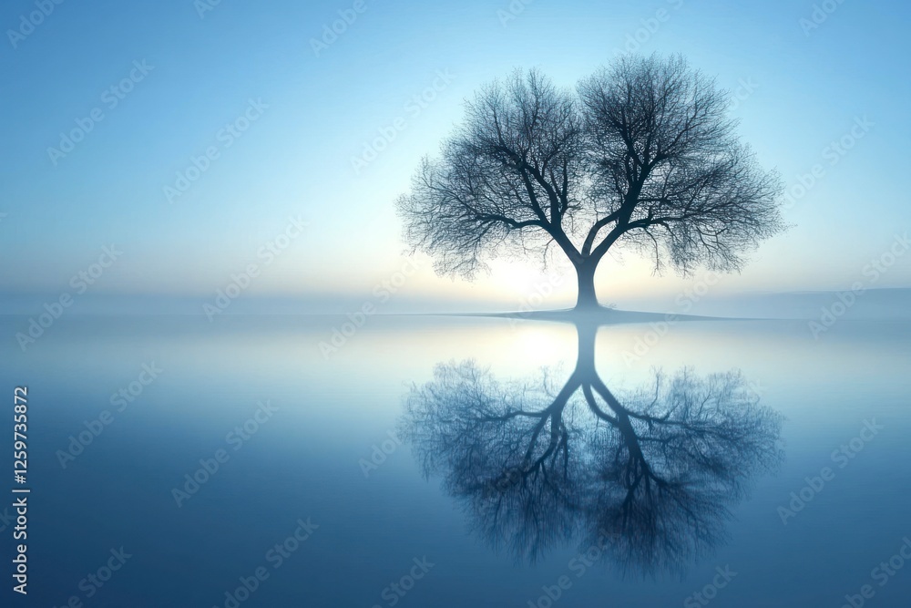 Beautiful tree with its reflection in the calm lake at dawn, a winter landscape, a peaceful nature scene, a blue sky and a misty water surface