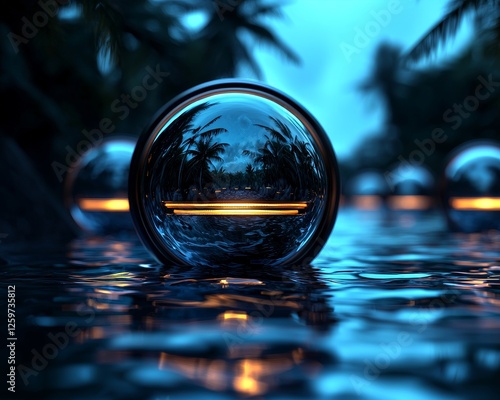 Wallpaper Mural Ethereal scene featuring glowing spheres floating on a tranquil water surface, surrounded by lush greenery and a serene blue ambiance. Torontodigital.ca