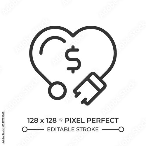 Medical expenses pixel perfect linear icon. Clinical service, healthcare cost. Financial management, economy. Thin line illustration. Contour symbol. Vector outline drawing. Editable stroke