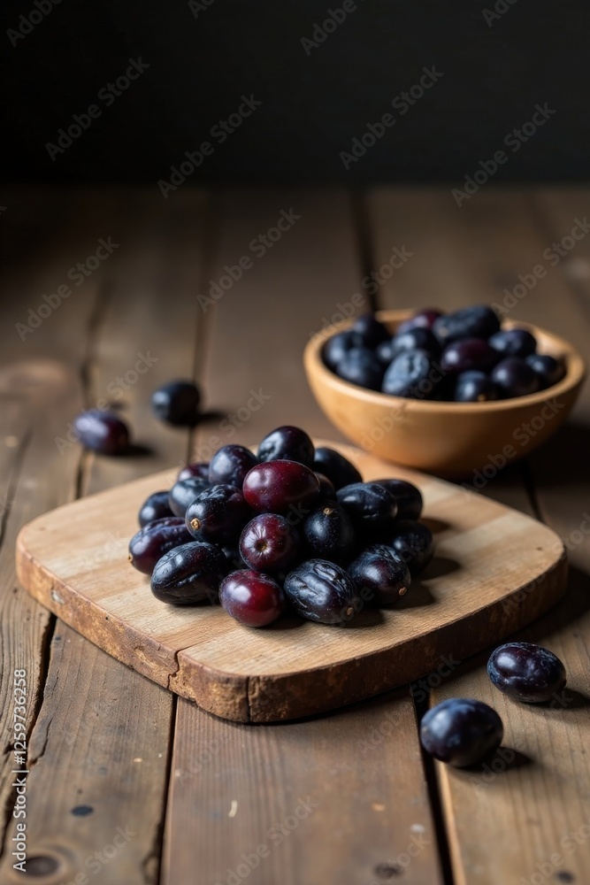 Dark-hued fruits arranged on rustic wooden board and bowl Dark-hued fruits arranged on rustic wooden board and bowl