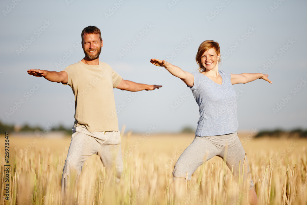 Exercise, stretching and yoga with couple on blue sky together for holistic health or wellness routine. Balance, fitness or zen with smile of man and woman in corn field for awareness or mindfulness