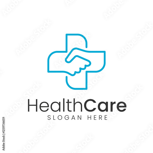 medical healthcare logo design vector symbol cross and hand shake icon illustration