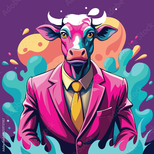A brightly colored cartoon cow sports a pink suit and yellow tie, set against a whimsical backdrop.