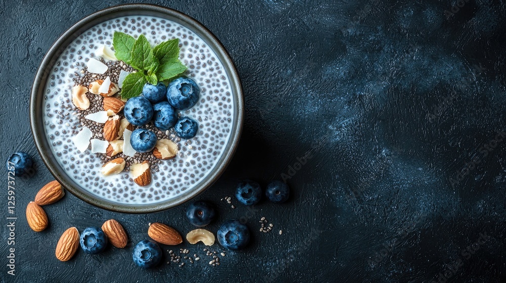 Healthy chia seed pudding topped with blueberries, almonds, and mint on a dark textured background Healthy chia seed pudding topped with blueberries, almonds, and mint on a dark textured background