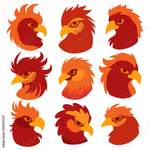 Vector collection of red phoenix silhouettes isolated from background. Set of fable parrot heads in fantasy style. Hand drawn fire birds